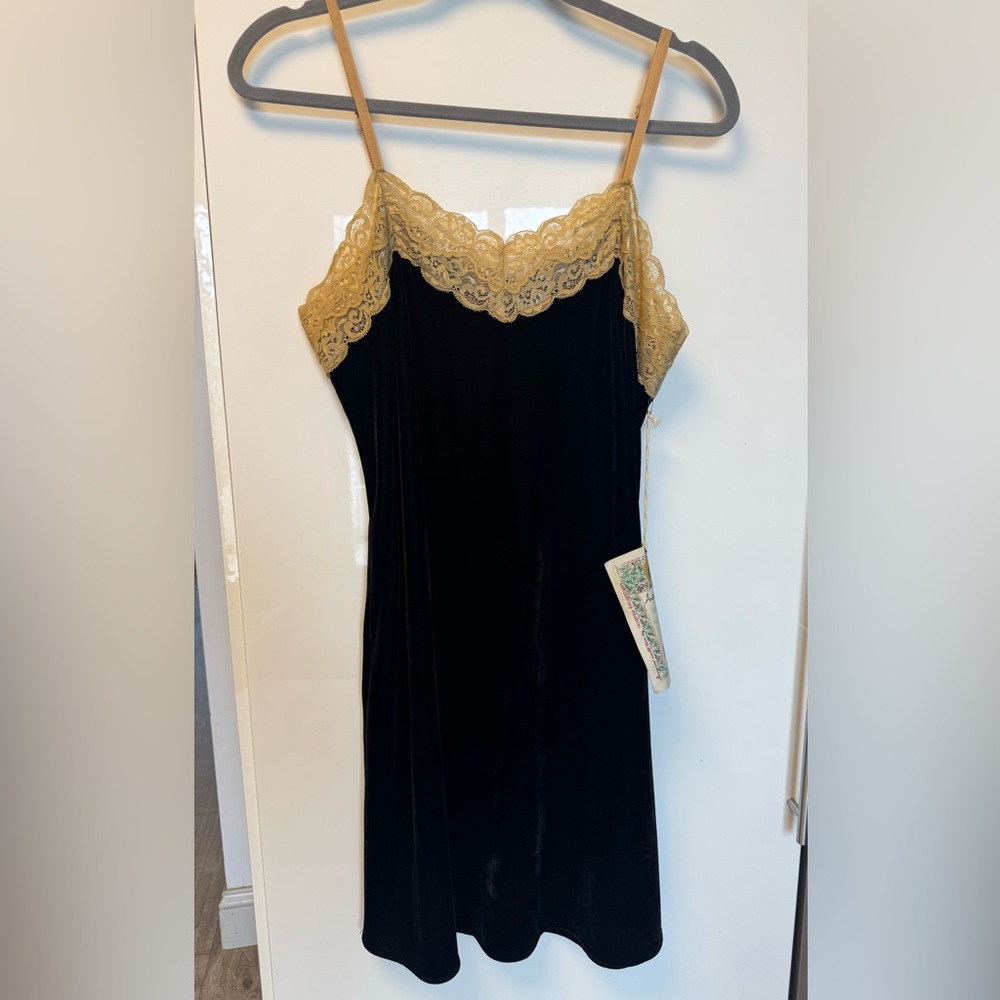 Aratta  Black Velvet Slip dress with Gold Lace size Small